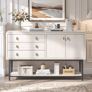Sunvega Vanilla Oak Veneer Server with Metal Base and Soft-Close Doors