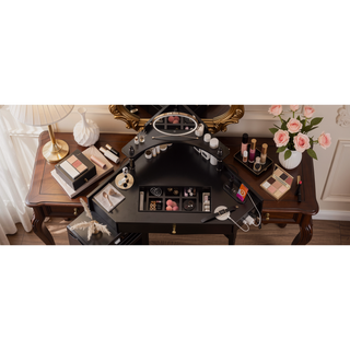 Sunvega Corner Vanity Desk Set with Storage Stool Charging Station and Glass Tabletop
