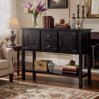 Sunvega Retro Style Solid Pine Wood Sideboard Console Table with 2 Drawers and Cabinets