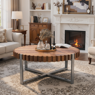 Sunvega Modern Natural Wood Grain Handmade Drum Shaped Circular Coffee Table