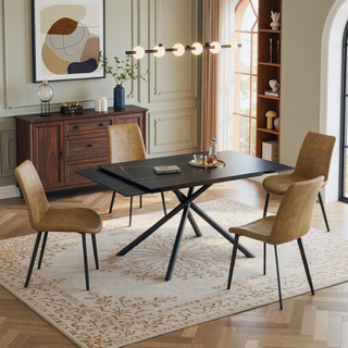 Sunvega Retractable Sintered Stone Dining Table with Black Carbon Steel Legs for 6-8 Seats