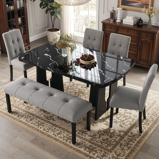 Sunvega Modern Tufted Linen Entryway Bench with Black Rubber Wood Legs for Kitchen