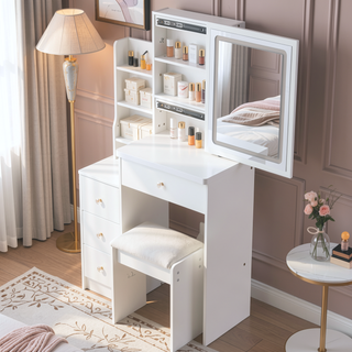 Sunvega Small Space Left Bedside Cabinet Vanity Table with Cushioned Stool and Sliding Mirror