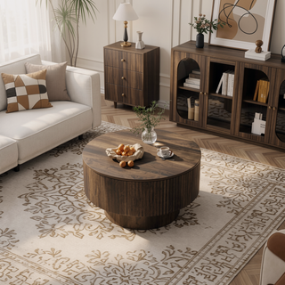 Sunvega MDF Modern Circular Coffee Table with Concealed Storage and Stripe Design