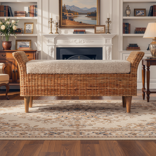 Sunvega Cream Boucle Upholstered Woven Wood Bench with Curved Armrests