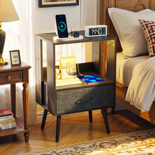Sunvega Modern Nightstand with Charging Station LED Light Fabric Drawers 2 Pack
