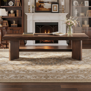 Sunvega Walnut Finish Wood Trestle Bench with V-Angled Pedestals for Dining Room