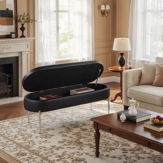 Sunvega Glam Contemporary Storage Bench with Black Faux Leather and Chrome Base