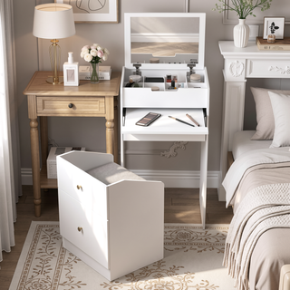 Sunvega White Teen Dream Vanity Desk with Mirror Chair and Storage for Bedroom