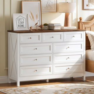 Sunvega White Wood Rustic Storage Dresser with 9 Silver Handle Drawers