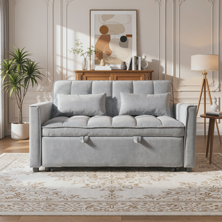 Sunvega Pink Velvet Convertible Sofa Bed with Reclining Backrest and Storage Pockets