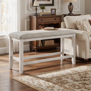 Sunvega Modern Farmhouse Counter Height Dining Bench with Antique White Finish and Upholstered Seat