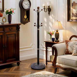 Sunvega 73-Inch Tall Chrome and Wood Coat Rack with Espresso Finish