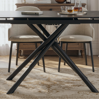 Sunvega Retractable Sintered Stone Dining Table with Black Carbon Steel Legs for 6-8 Seats