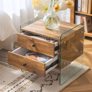 Sunvega MDF Wood Grain Double Drawer Bedside Table with Tempered Glass Legs