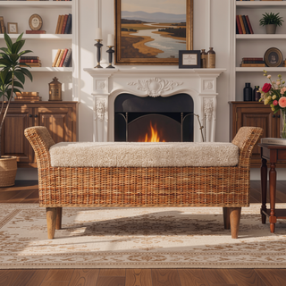 Sunvega Cream Boucle Upholstered Woven Wood Bench with Curved Armrests