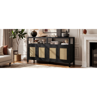 Sunvega Bohemian Style Rattan Buffet Cabinet with Solid Wood Frame and Adjustable Shelves for Living Dining Rooms