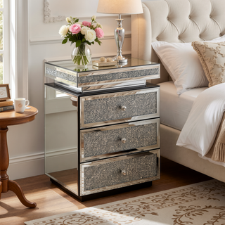 Sunvega Mirrored Nightstand with Crystal Inlay and 3 Spacious Drawers for Bedroom