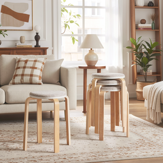 Sunvega Solid Wood Stackable Bentwood Stools with Round Top for Dining Room