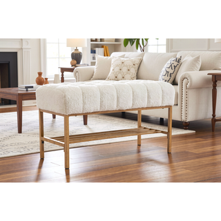 Sunvega Teddy Fabric Upholstered Storage Bench with Shelf for Bedroom Living Room