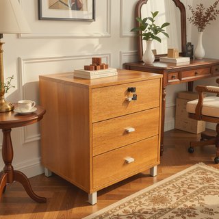 Sunvega Three Drawer Nightstand with Locking Top Drawer and Metal Bar Handles