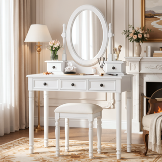 Sunvega Vintage Vanity Desk with Adjustable Mirror, 5 Velvet Drawers, and Cushioned Stool