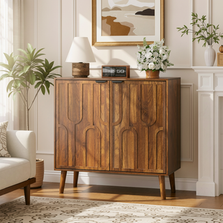 Sunvega Walnut Farmhouse Buffet Cabinet with Slatted Door Design for Kitchen Dining Room