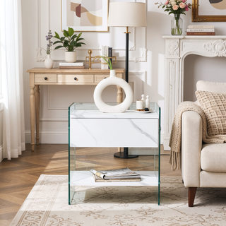 Sunvega Bedside Table with Drawers Made of MDF and Tempered Glass for Storage