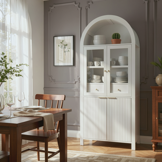 Sunvega Elegant Fluted Tall Arched Pantry Cabinet with Adjustable Shelves