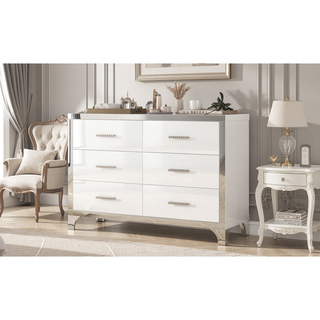 Sunvega High Gloss White Dresser with 6 Drawers and Metal Handle for Bedroom