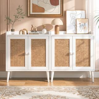Sunvega Medieval Style Buffet Cabinet with Rattan Doors and Baffle Strip Design
