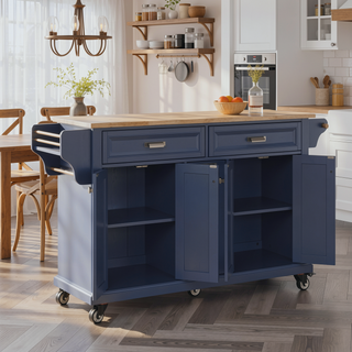 Sunvega Kitchen Cart with Rubber Wood Countertop Storage Cabinet and 2 Drawers