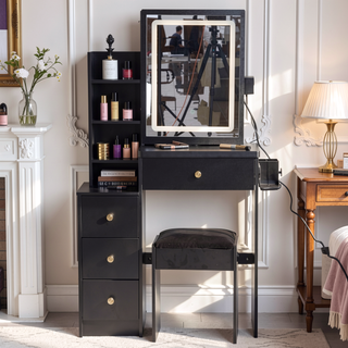 Sunvega Small Space Left Bedside Cabinet Vanity Table with Cushioned Stool and Sliding Mirror