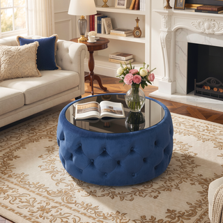 Sunvega Modern Glam Velvet Ottoman with Tempered Glass Top and Button Tufting
