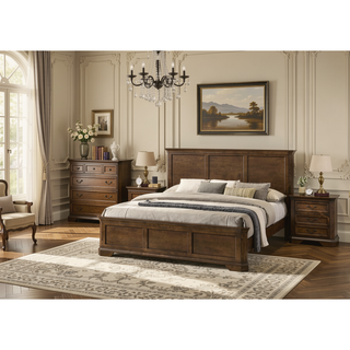 Sunvega Traditional Wood Panel Bed Set with Dresser Mirror and Two Nightstands