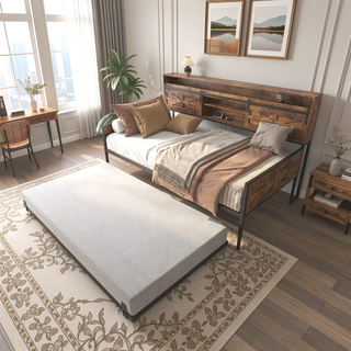 Sunvega Twin Daybed with Trundle Farmhouse Frame Sliding Barn Door Headboard Charging Station