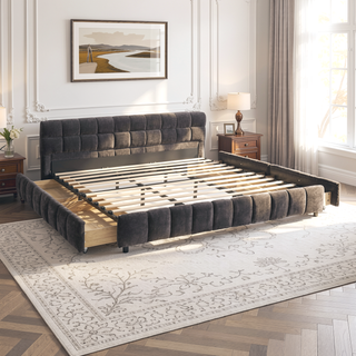 Sunvega Modern King Size Upholstered Bed with Storage Drawers and Soft Chenille Fabric