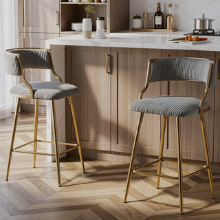 Sunvega Set of 2 Grey Corduroy Bar Stools with Back Golden Chromed Base and Footrest