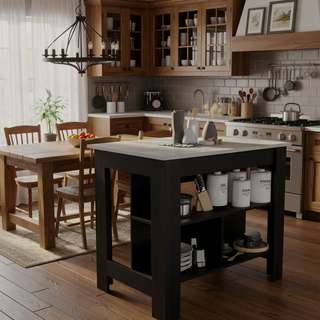 Sunvega Kitchen Island Table with Marble Finish and Three Storage Shelves