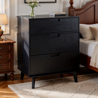 Sunvega Mid-Century Modern Black Wood Dresser with 3 Drawers for Bedroom