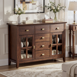 Sunvega Handcrafted Russet Brown Solid Wood Sideboard Buffet with Glass Doors
