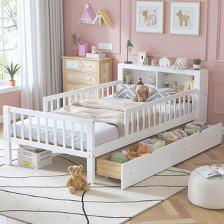Sunvega Twin Size Bed with Headboard Storage, Two Under-Bed Drawers, and Three-Side Guardrails