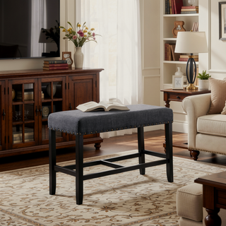 Sunvega Grey Linen and Cotton Fabric Pub Dining Bench with Nailhead Trim