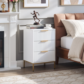 Sunvega Mid-Century Modern Nightstand with Wavy Drawer Panels and Gold Metal Accents