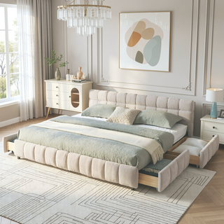 Sunvega Modern King Size Upholstered Bed with Storage Drawers and Soft Chenille Fabric