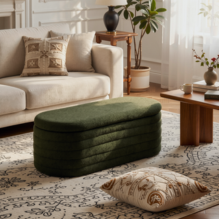 Sunvega Modern Oval Upholstered Boucle Teddy Fabric Storage Ottoman Bench with Safety Hinge