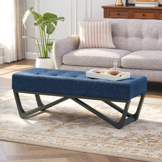Sunvega Modern Ottoman Bench with Button-Tufted Waffle Stitch and Geometric Legs