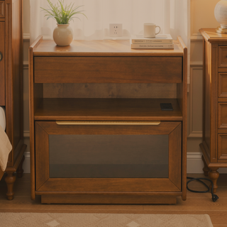 Sunvega Mid Century Modern Nightstand with Charging Station and 2 Drawers Dark Walnut
