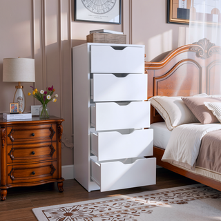 Sunvega White 5 Drawer Tall Dresser with Pull Out System Compact Size