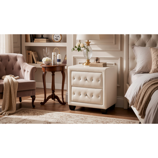 Sunvega Cream Velvet Upholstered Nightstand with Crystal Tufted Design and Two Drawers